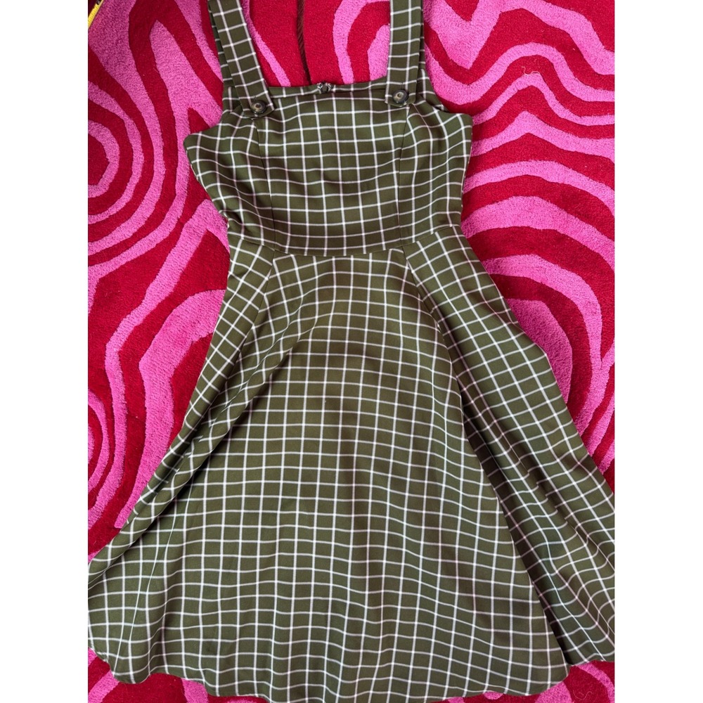 Collectif London Olive Green Grid Pinafore Swing Dress Retro Rockabilly M UK 12